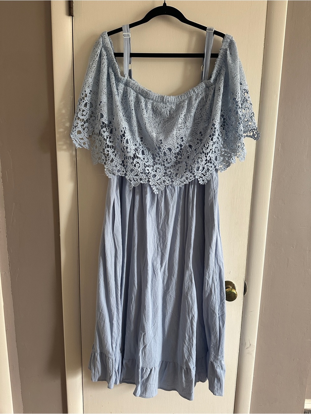 BloomChic Light Blue Off-Shoulder Midi Dress with Lace Overlay